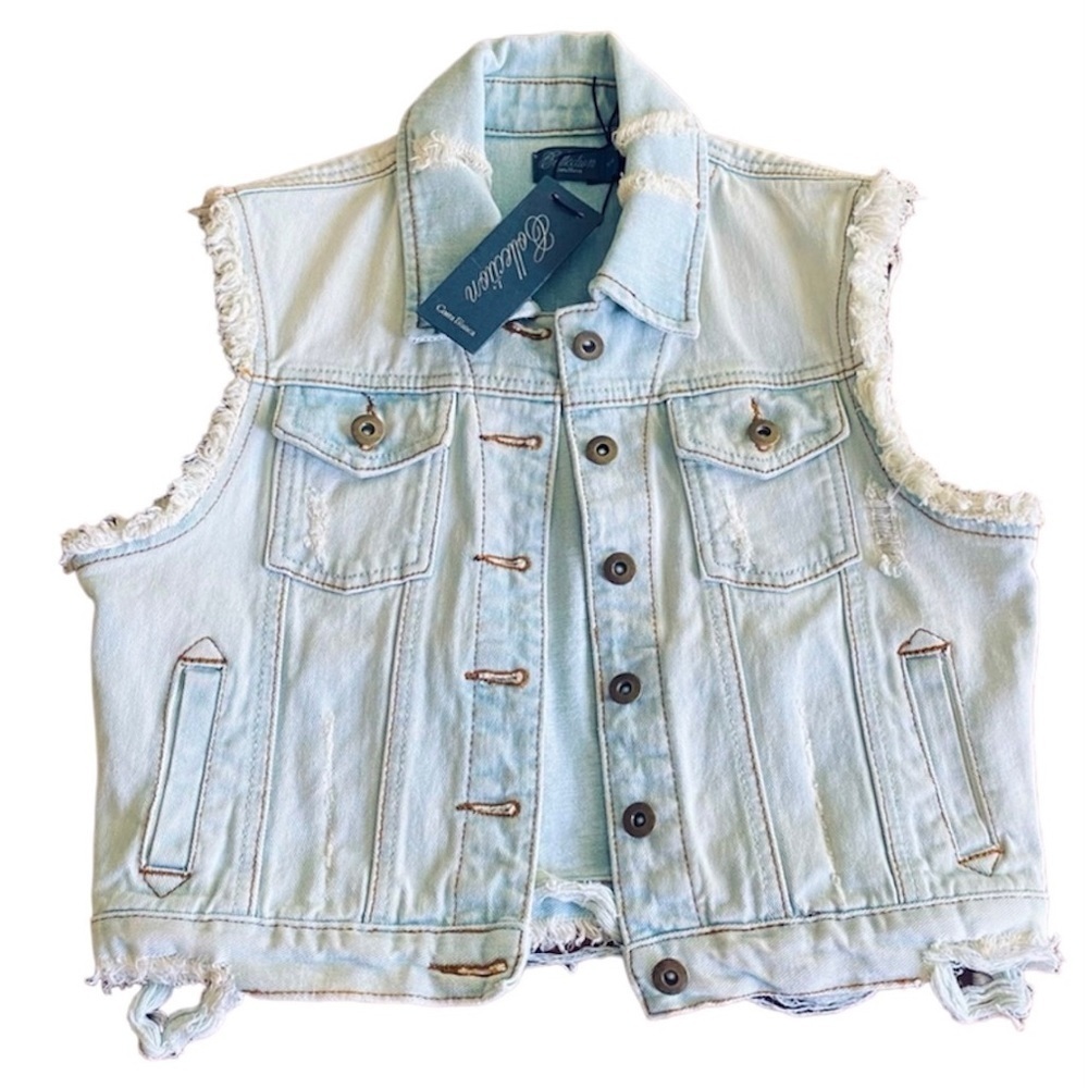 Jean Vest Costa Blanca Collection Denim Distressed Bleached Trucker Frayed